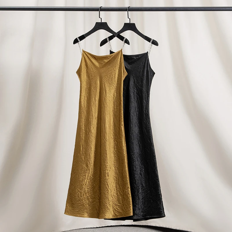 

Summer New Women's One-Shoulder Acetate Satin Texture Dress Thin High Waist A-Line Gown Sleeveless Pure Color Casual Elegant