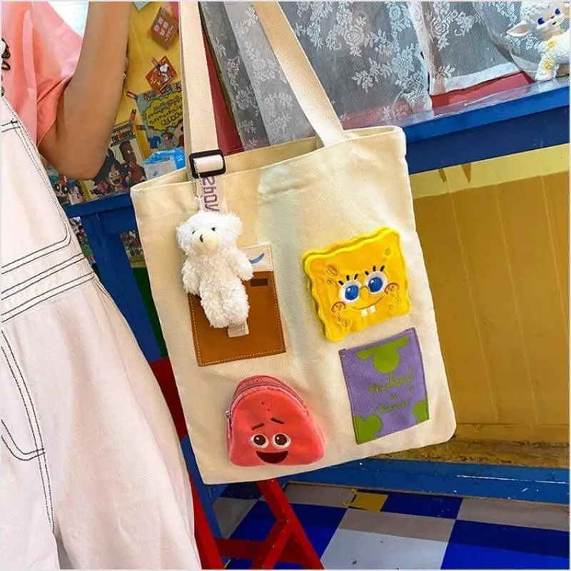 Cute Kawaii SpongeBob SquarePants Patrick Star Large Capacity Canvas Bag Cartoon Shoulder Bag, Student Children's Handb