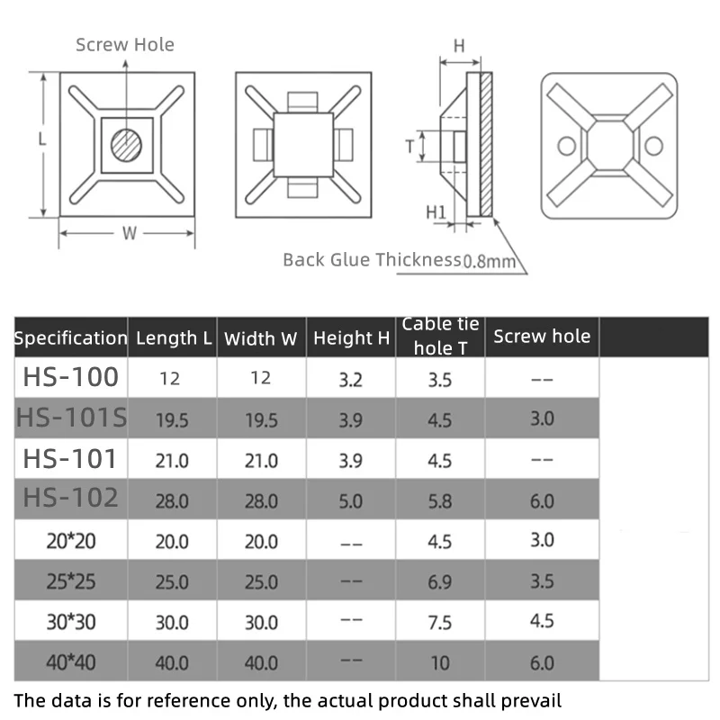 HS-100/101/102 Black White Nylon Self Adhesive Cable Tie Holder Zip Tie Fixed Seat Plastic Cable Clips