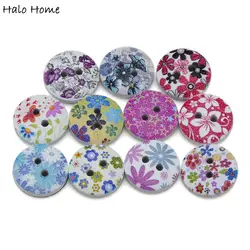 50pcs Floral Print Design Wooden Buttons, 2-Hole for DIY Sewing Crafts & Scrapbooking Decor 15mm