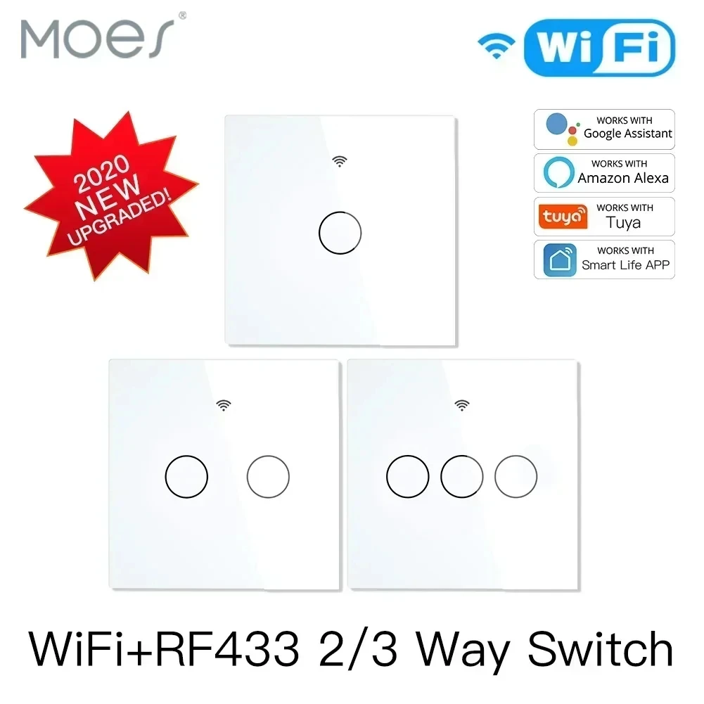 MOES NEW WiFi RF433 Smart Touch Switch, 2/3 Way, Smart Life/Tuya App, Alexa/Google Home Voice Control, 1/2/3/4 Gang EU