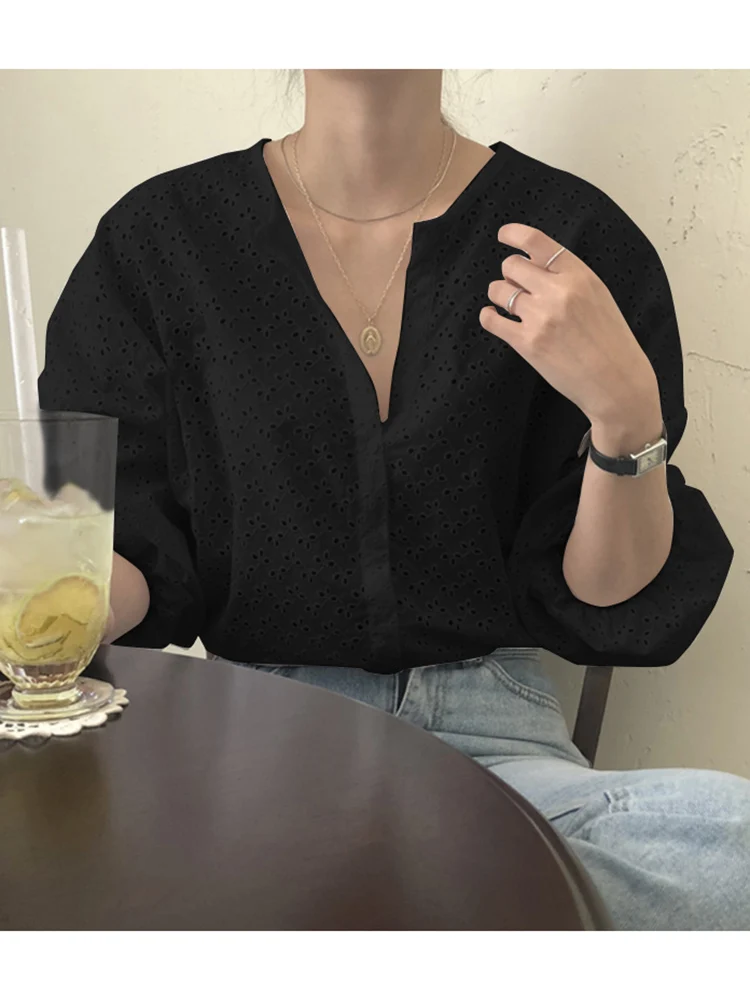 ZANZEA Fashion Women Hollow Out Shirts 2024 Summer Office Lady Tops Casual Solid Puff Sleeve Loose Cotton Oversized Blusa Femme