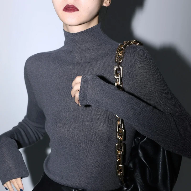 

Роскошный кашемировый шелковый бесшовный однорядный готовый к ношению трикотаж с высокой горловиной для похудения, женский осенний трикотаж A