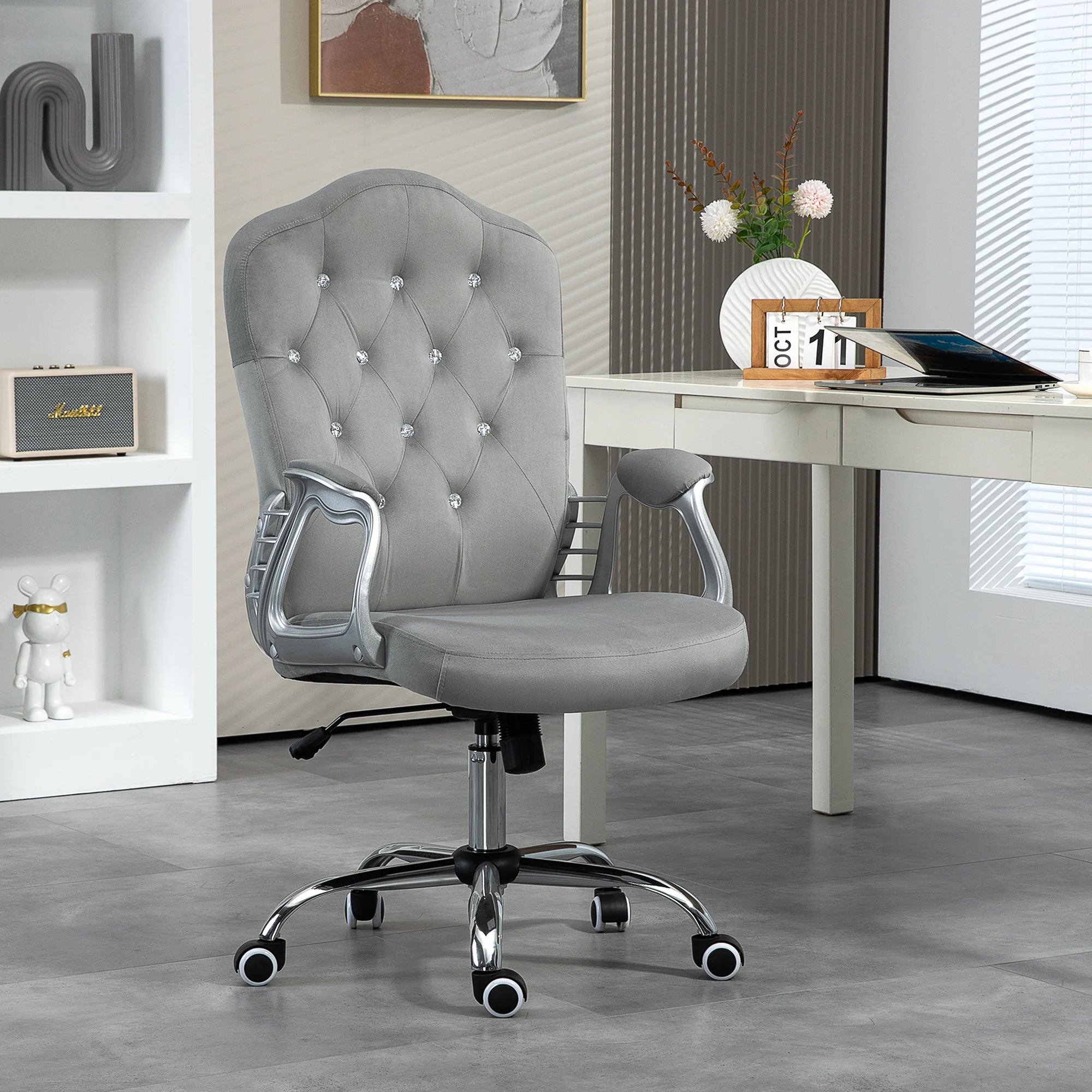 Vinsetto Home Office Chair, Velvet Computer Chair, Button Tufted Desk Chair with Swivel Wheels, Adjustable Height