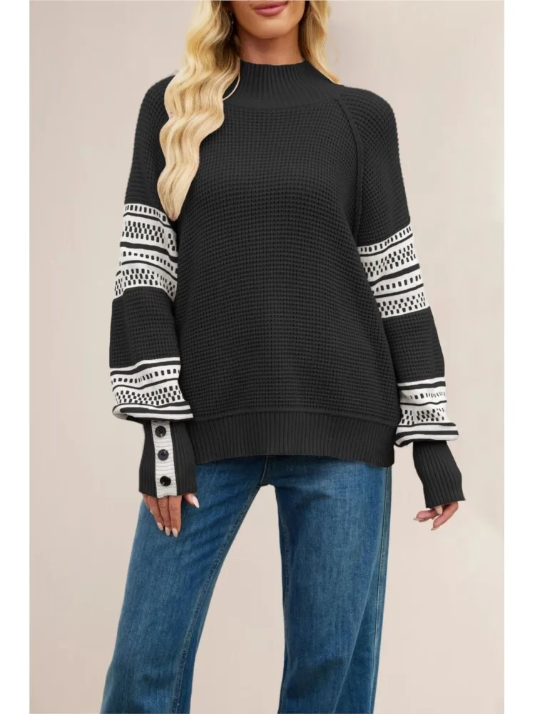 

2025 New Autumn Knitted Color Block Half Turtleneck Fashion Pullover Sweater Women's Loose Casual Versatile Long-sleeved Sweater