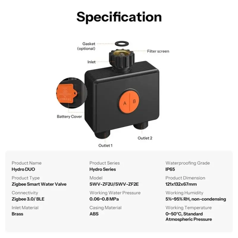 AB66-IP65 Rated Zigbee 3.0 Hydro DUO Smart Water Valve Dual Outlets Irrigation Timer Wifi App Controlled Garden Watering System