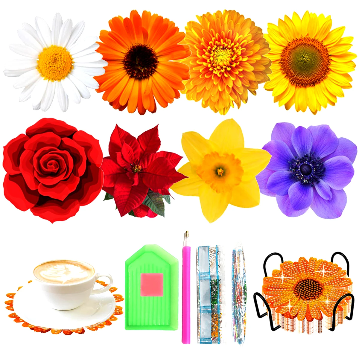 

GLOBAL 8pcs/Set Diamond Art Painting Coasters Kit with Holder DIY Diamond Paintings Coaster Kits Flower Full Drill Art Craft