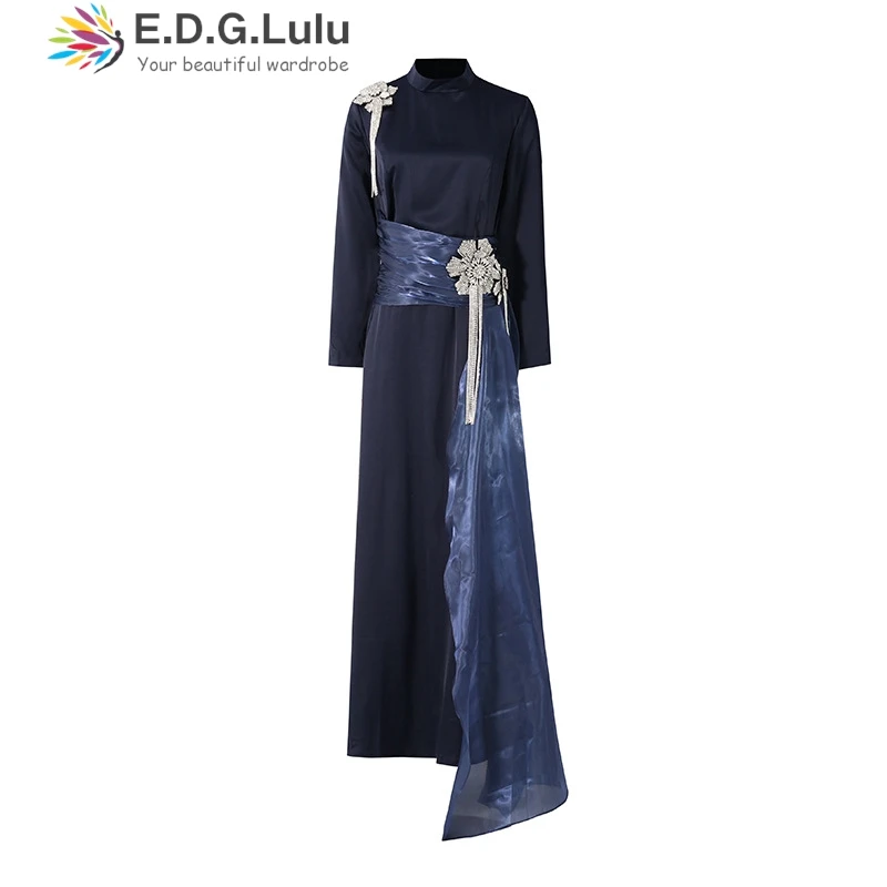 EDGLuLu Sukienki wieczorowe z okrągłym dekoltem, długim rękawem, asymetryczne, damskie, zdobione diamentami, z kwiatowymi frędzlami, łączone, długa sukienka 1205