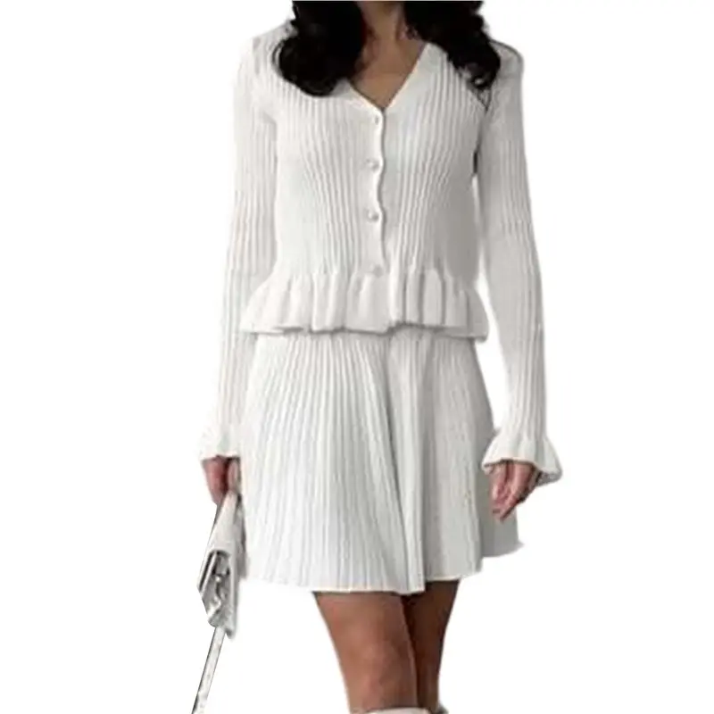 CYL-Women's Two-Piece Knit Set Long Sleeve V-Neck Sweater With Ruffle Hem Mini Skirt Loungewear