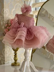 2024 Childrens clothing official bridesmaid sequins 1 year old baby girl birthday dress elegant fluffy butterfly assignment dres