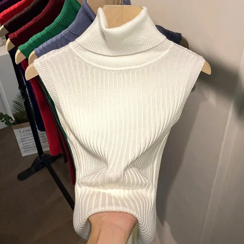 Suéter de cuello alto sin mangas para mujer, Top Delgado, camiseta interior verde, chaleco de punto con cuello vuelto, primavera y otoño, nuevo