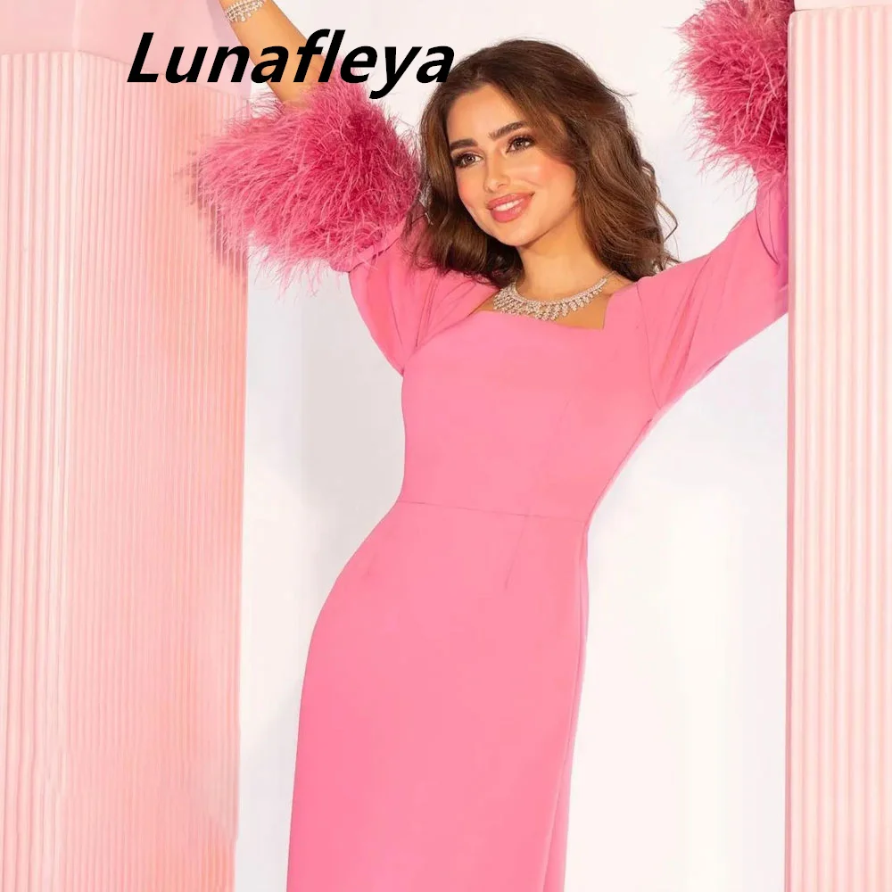 LUNAFLEYA-Vestido formal com decote em O, vestido de noite sereia, mangas compridas, até o chão, Arábia Saudita, Festa de Form, 2024