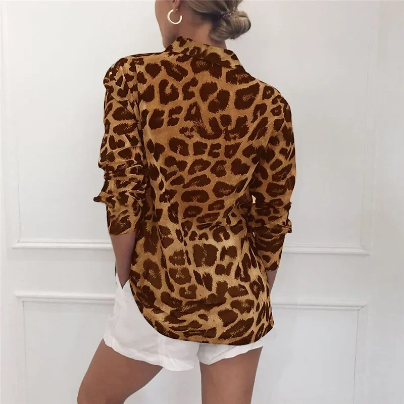 Chiffon Blouse Long Sleeve Sexy Leopard Print Blouse Turn Down Collar Lady Office Shirt Tunic Casual Loose Tops Oversized