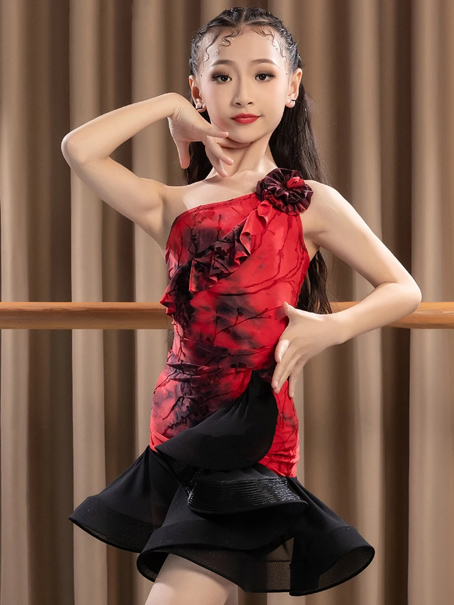 

Платье для латиноамериканских танцев для девочек, топ с оборками и красными цветами на косым плече, костюм для выступлений, танцевальная тренировочная одежда ча-ча, DNV19933