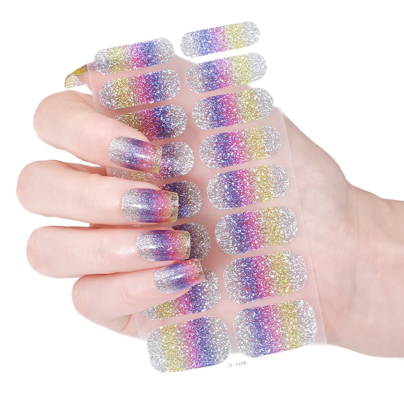 16Tips Full Cover Gradient Nail Stickers Gorgeous Glitter Nail Polish Strips Self Adhesive Manicure Decoration Nail Art Sticker