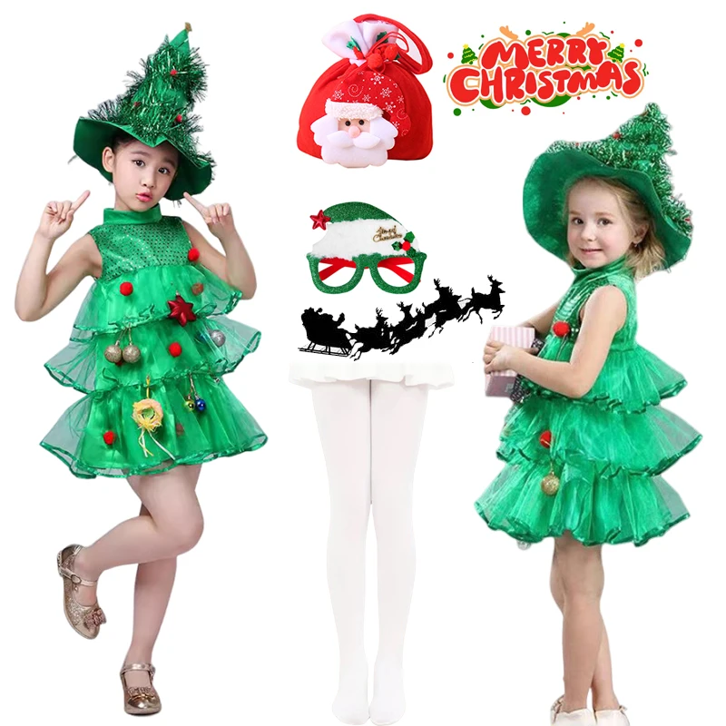 Girls Role Play Christmas Santa Claus Clothes Kids Cosplay Christmas Tree Tulle Dress With Hat Xmas Elf Santa Suit Girls Outfits