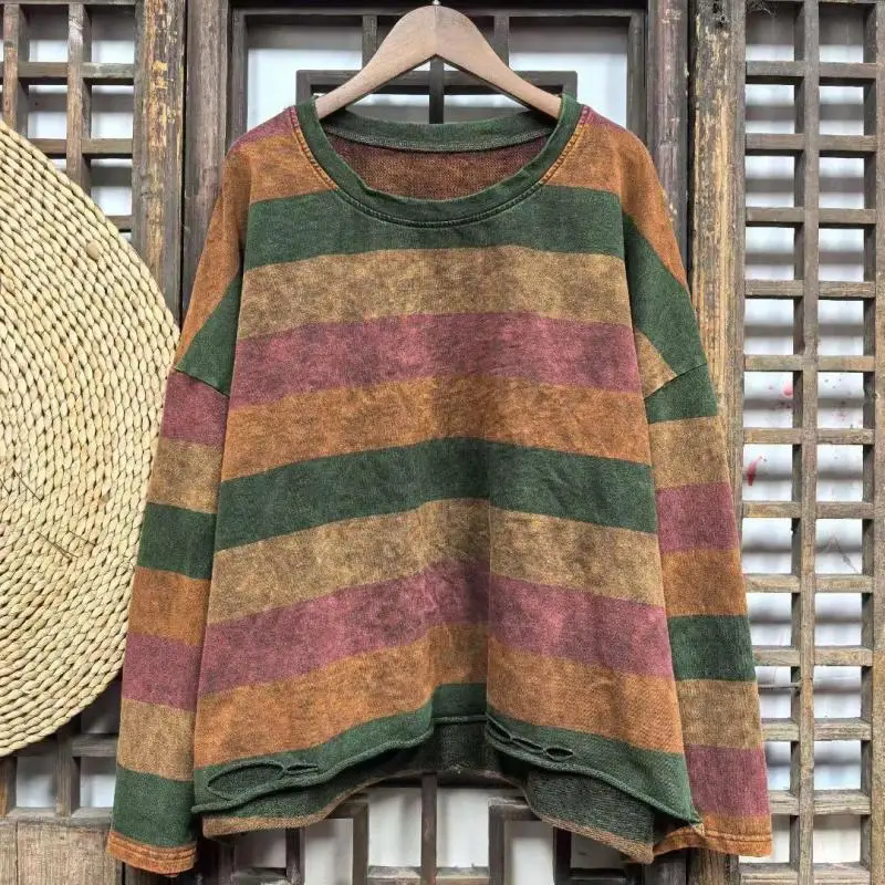 

Spring Autumn New Arts Style Women Long Sleeve Loose O-neck Tee Shirt Femme Tops Vintage Hole Cotton Striped Casual Tshirt