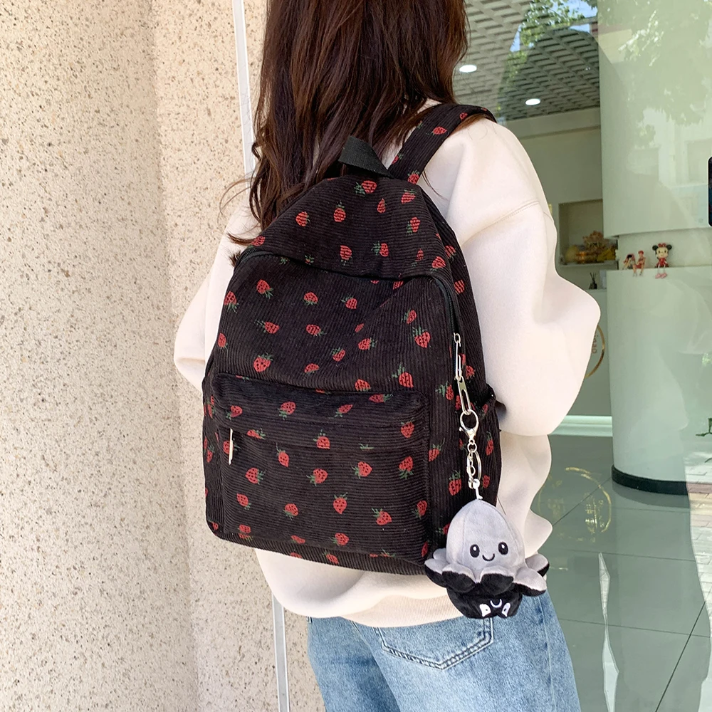 Lovely Little Fresh Strawberry Print Junior High School Bag Corduroy New Female All-Ins Lightweight Simple Backpack