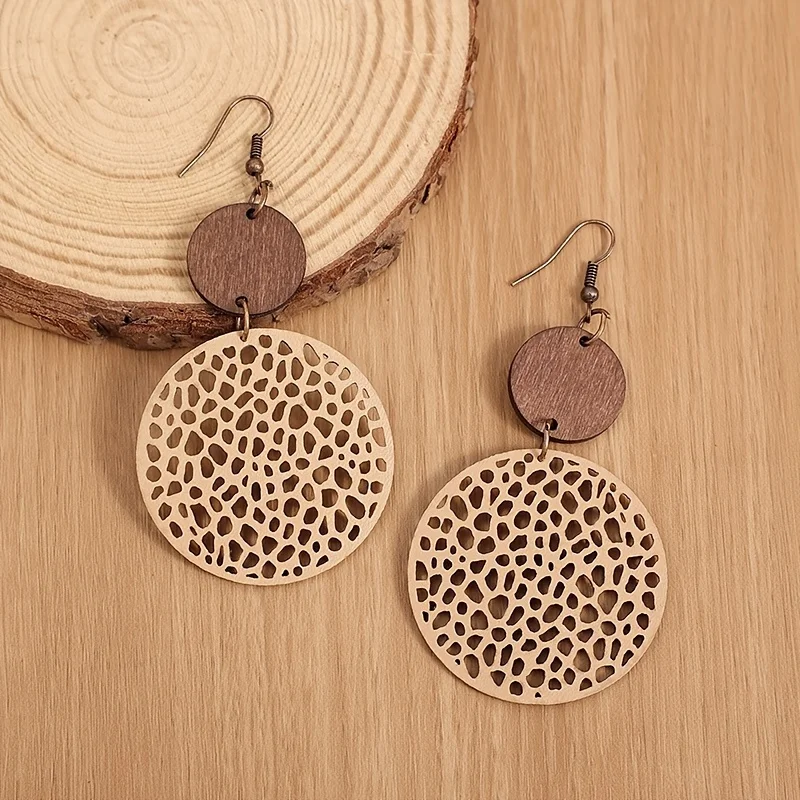 Hollow Out Round Drop Earrings Bohemian Vintage Wooden Leather Earrings Jewelry Gift Accessories For TeenGirls Women Fall Winter