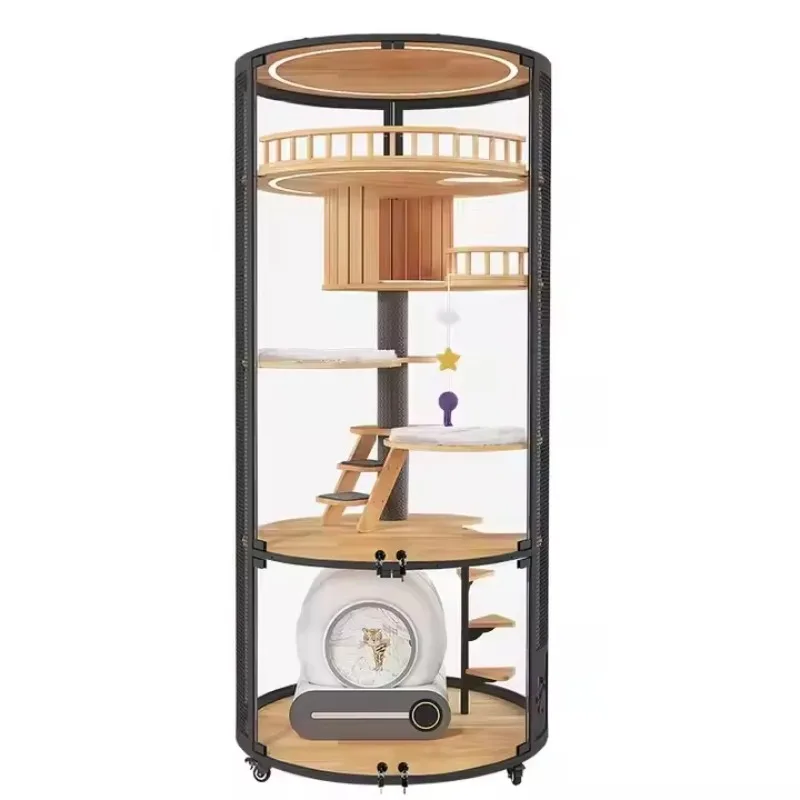 

Cat villa solid wood large luxury indoor cat cage with round panoramic nest