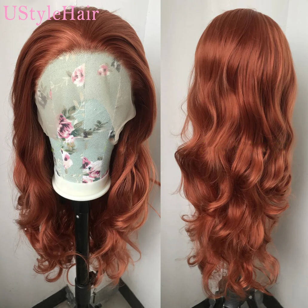 UStyleHair 여성용 내추럴 헤어 라인 레이스 프론트 가발, 구리 레드 롱 바디 웨이브, 내열성 합성 헤어