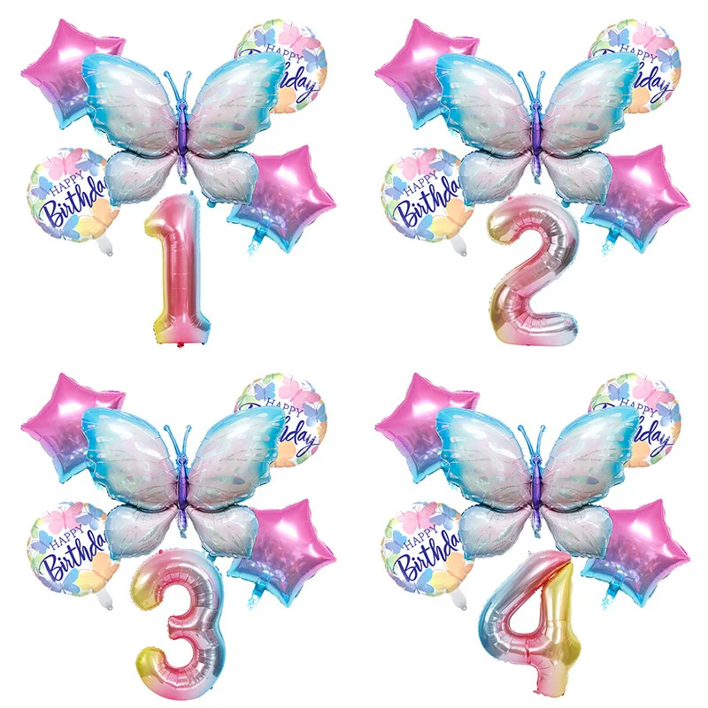 Butterfly Balloon Digital Set Digital Gradient Balloon Pentagon Pan Star Butterfly Set Birthday Party Decoration Balloon