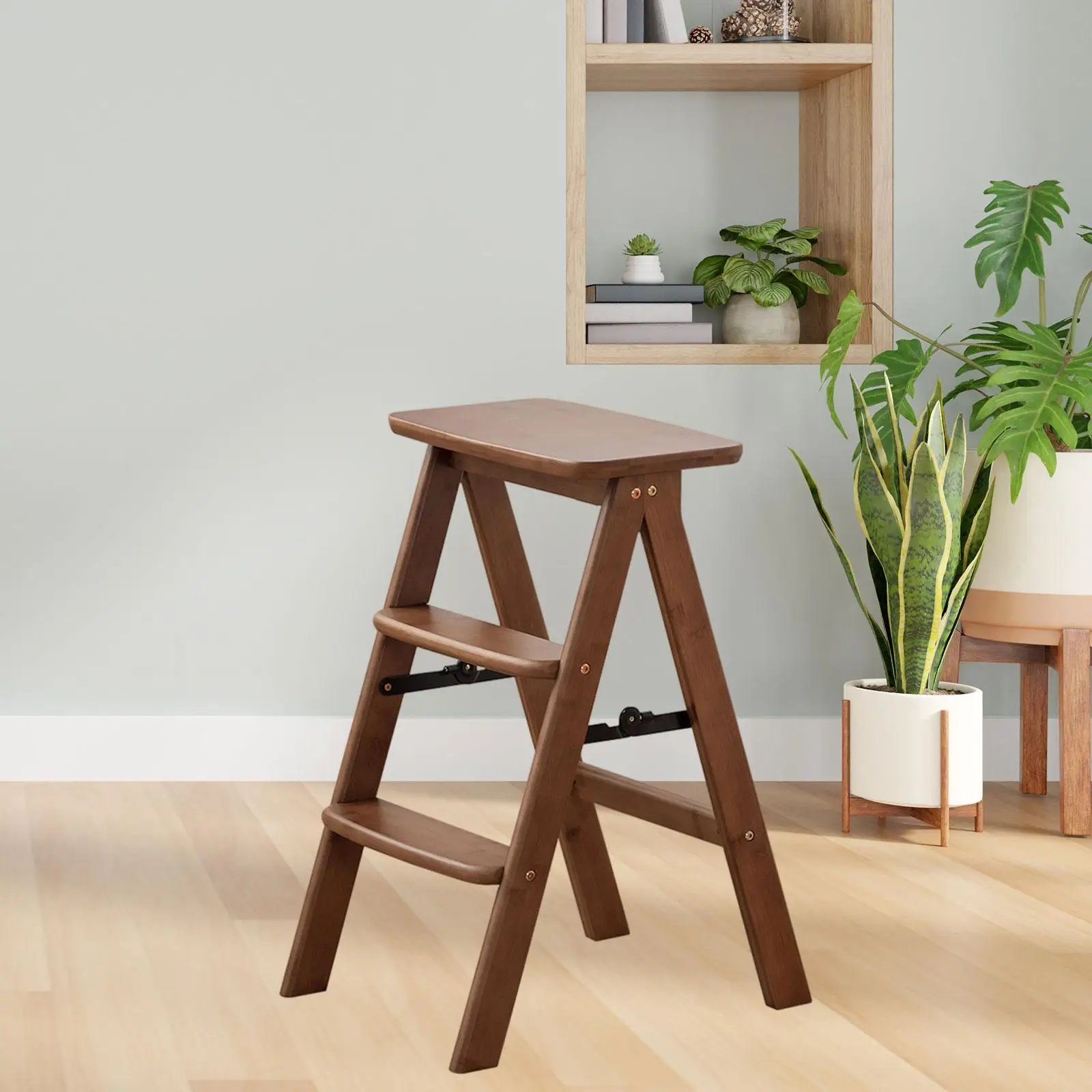 Folding Step Stool Display Stand 3 Layer Plant Stand Sturdy Convenient Nonslip Wooden Chair for Bar Garage Department Stores