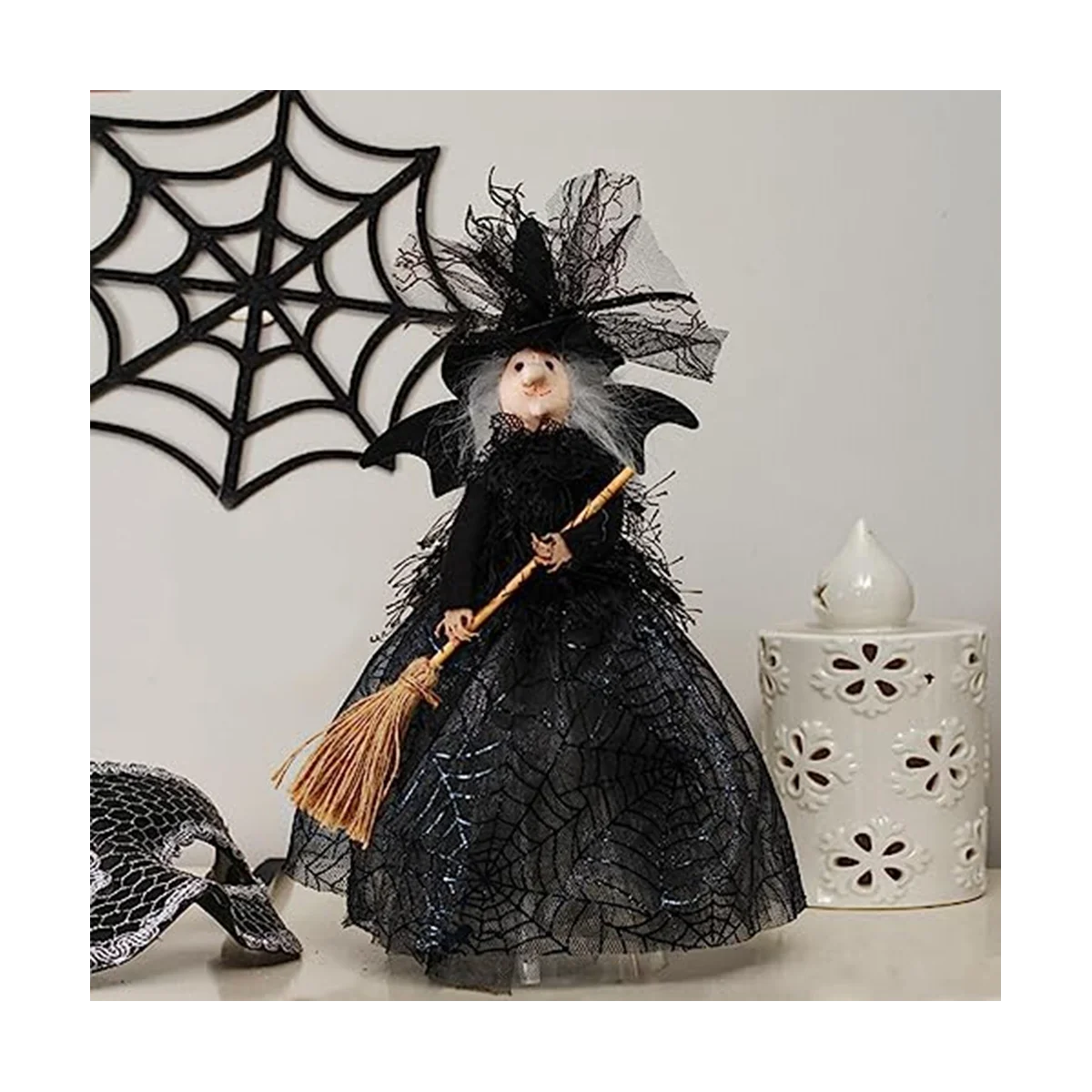 Decoración de bruja de Halloween, muñeca de bruja, velo de Halloween, sombrero y escoba de bruja, negro, 11 pulgadas