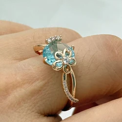 Kienl Hot 585 Rose Gold Color Flower Rings for Women Trend Blue Natural Zircon Accessories High Quality Daily Jewelry