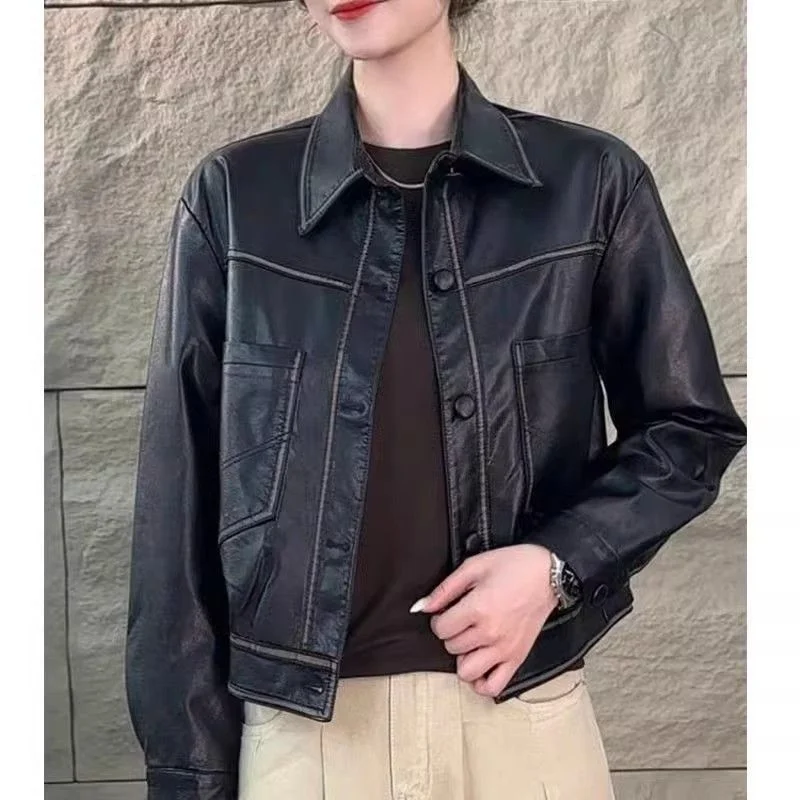 

Women's Korean Style Loose Lapel Leather Jacket Spring Autumn New Fashion Retro Short Versatile Slimming Stylish Top