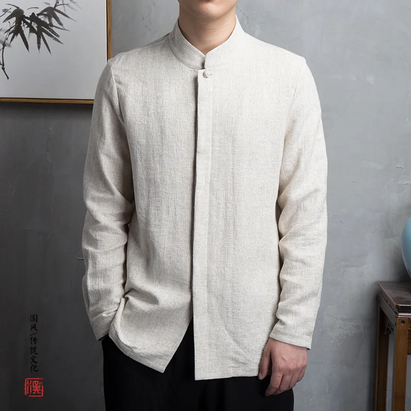 Chinese Style Cotton Linen Long Sleeve Shirts Men Clothing Retro Tang Suit Stand Up Collar Top Plus Size Clothes Male