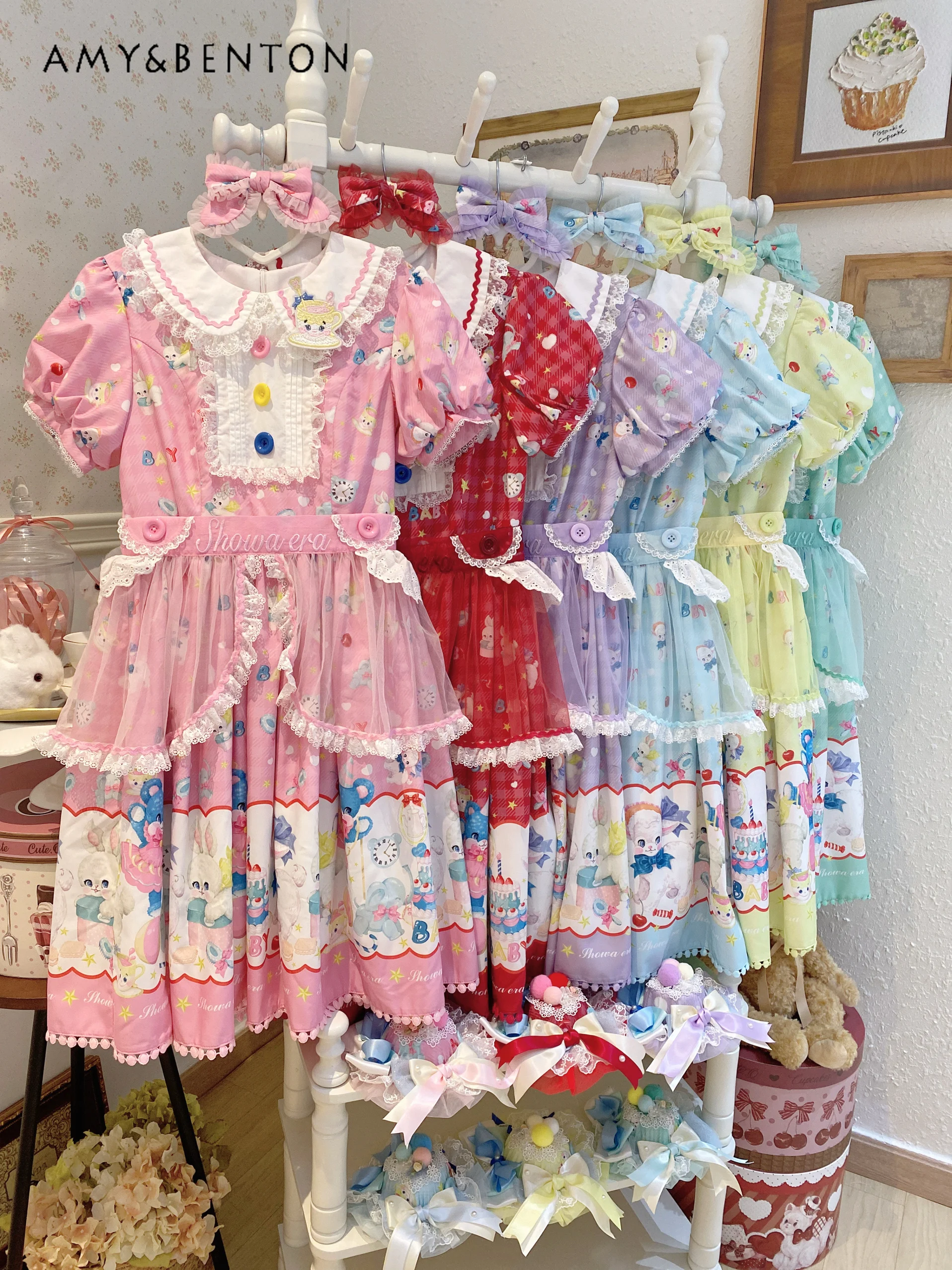 Cartoon Print Kawaii Lolita Kleid Geburtstagskleid für Frauen Mädchen Stil Spitze Puppenkragen Puffärmel Schlanke Puffy Abendkleider