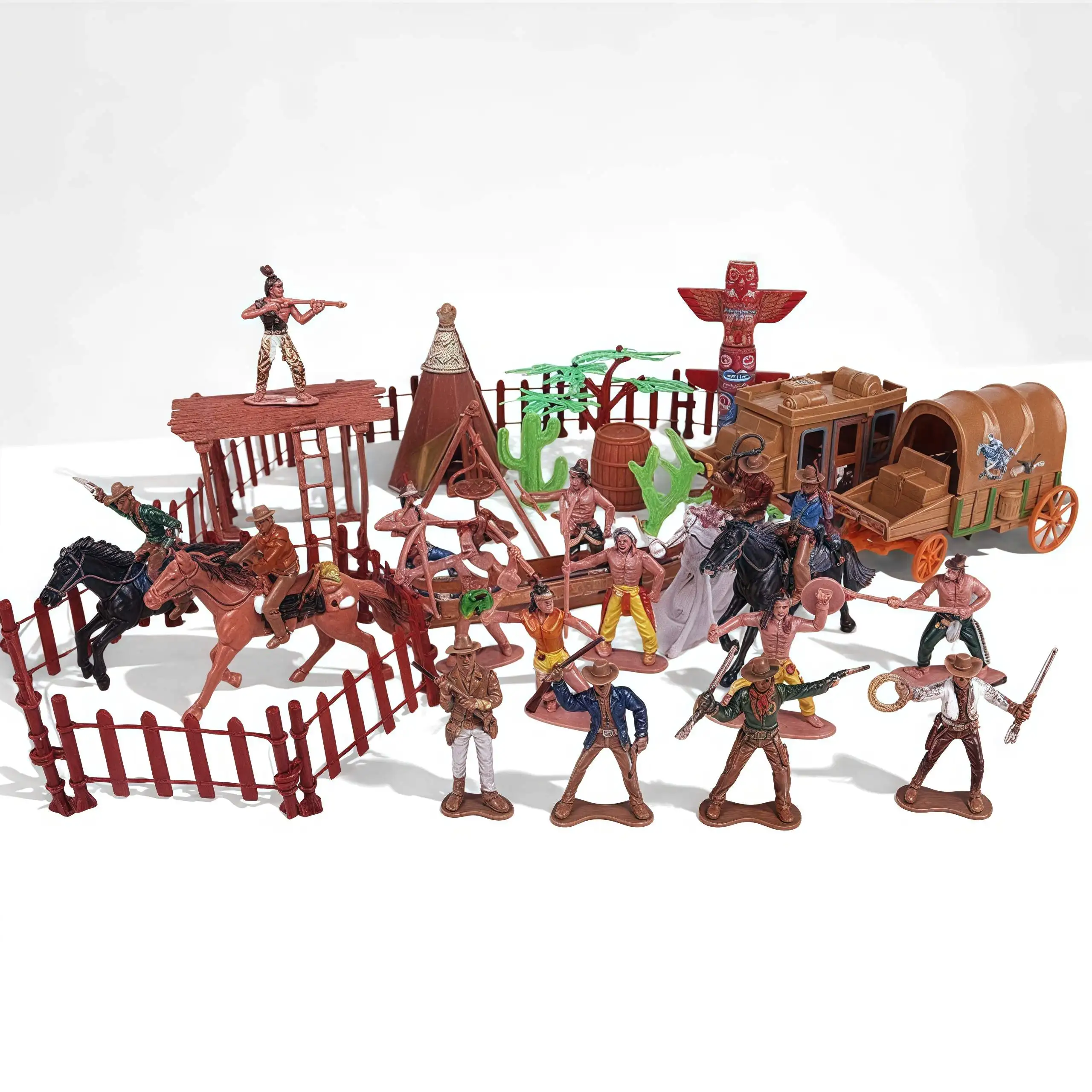 

1 комплект 3D пластиковых сцены в стиле вестерн-ковбой и индейцев с лошадью, вагоном и фордом — подробные фигурки в действии, идеально подходят для Хо