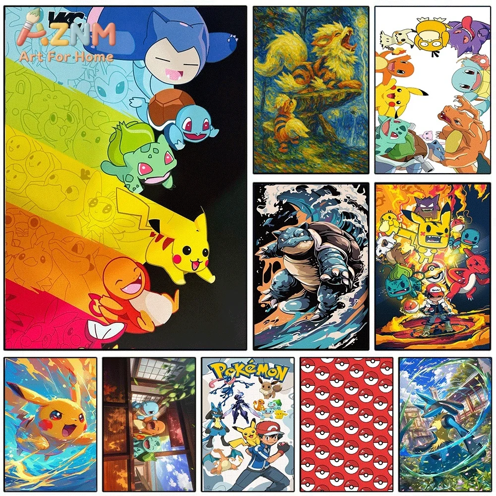 Anime Pokemon Starters Colorful Rainbow Strip Canvas Wall Art, Popular Cartoon Character Frameless Canvas Painting for Kids Be