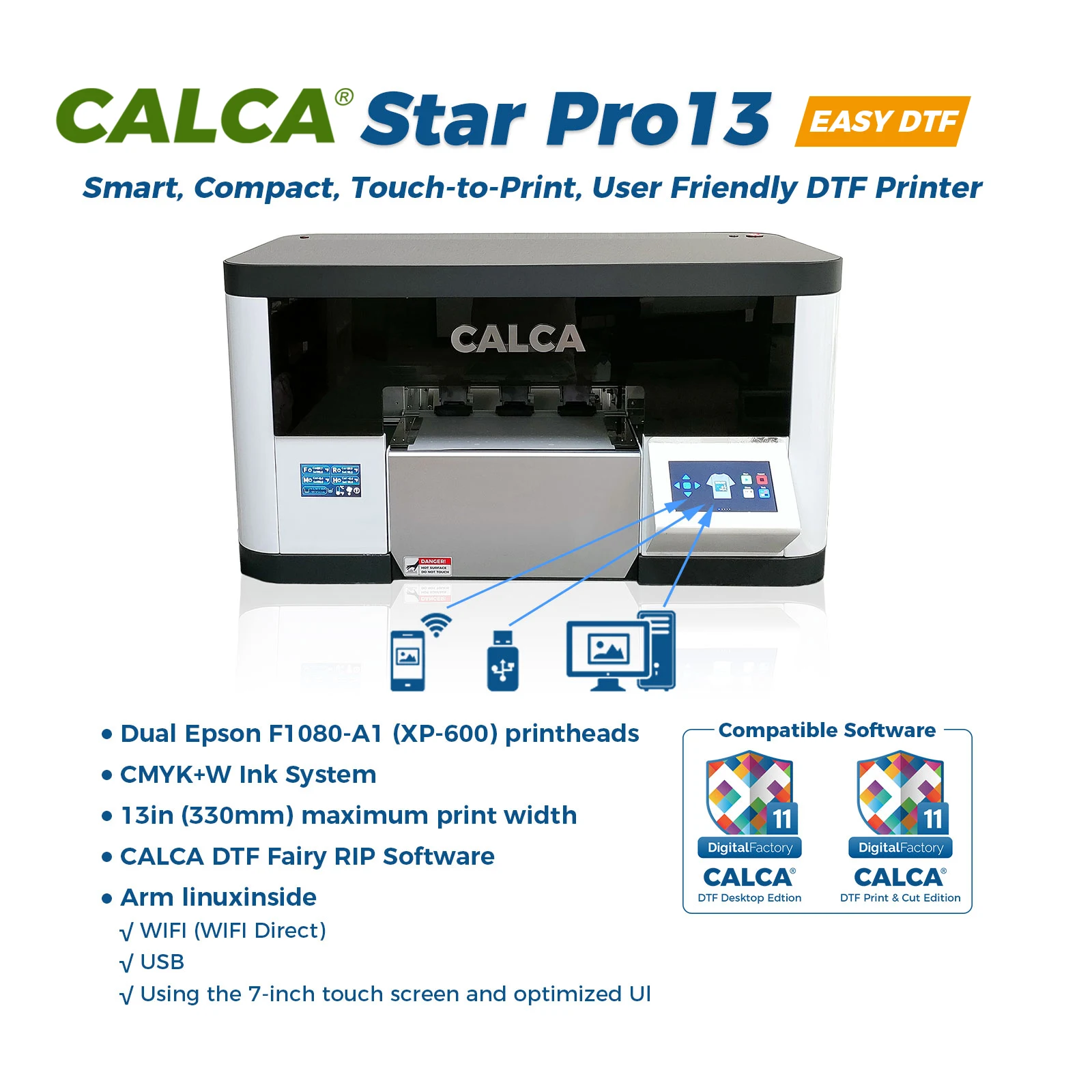 US Stock CALCA ProStar13 Wifi Arm Linuxinside DTF Printer With Dual F1080-A1 (XP-600) Printhead Transfer Printers Easy Operation