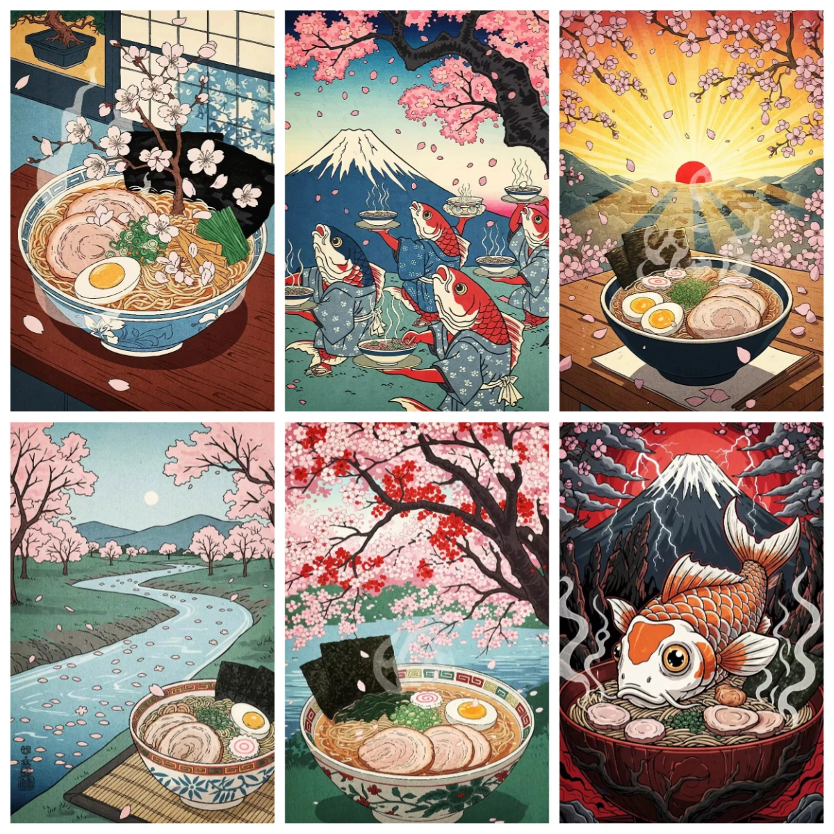 Ukiyo-e Style Ramen Koi Mount Fuji Cherry Blossom Oil Painting By Numbers For Restaurant Living Room Decor unframed