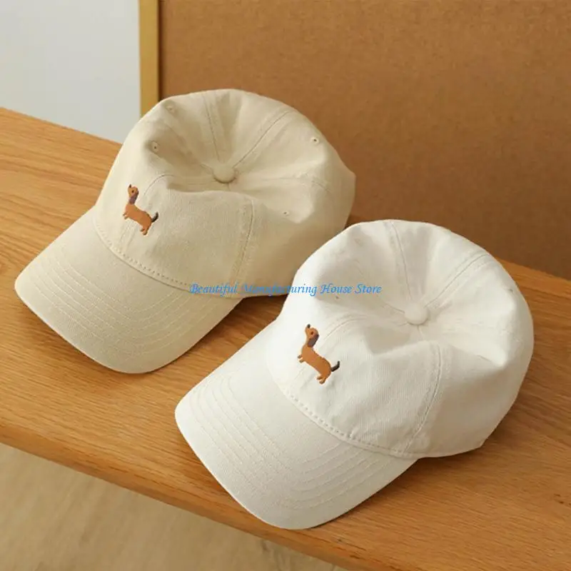 E56A Cartoon Dog Embroidered Hat Breathable Cotton Polyester Adjustable Back Closure