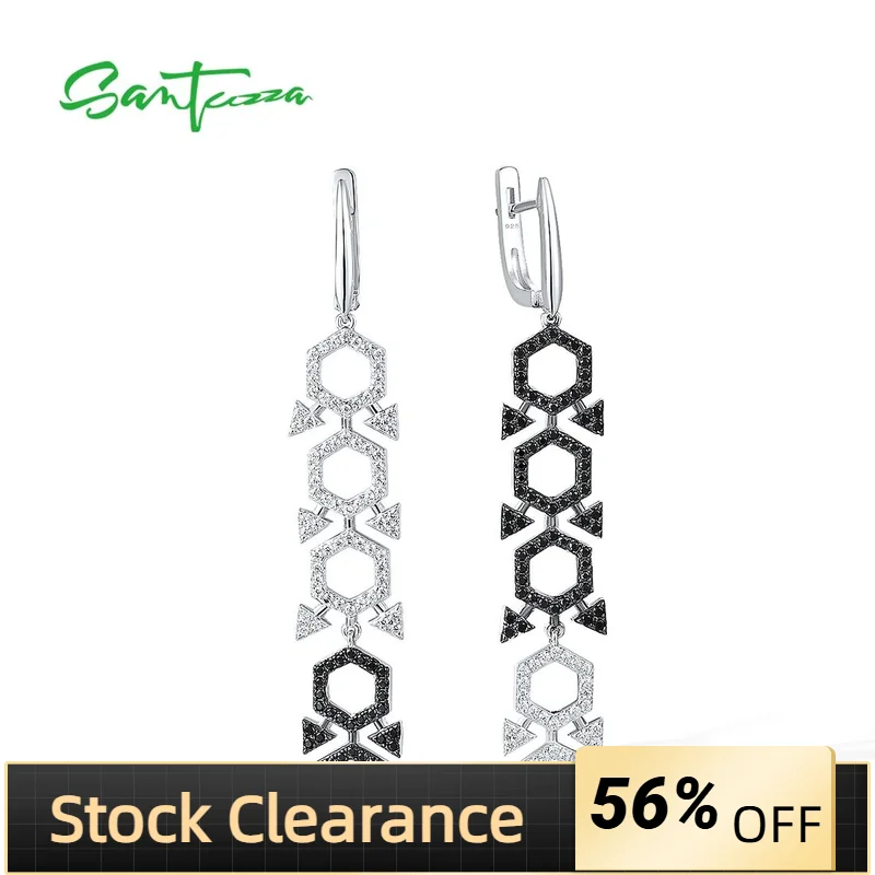 

SANTUZZA Pure 925 Sterling Silver Earrings For Women Sparkling White CZ Black Spinel Geometric Long Dangling Fine Trend Jewelry