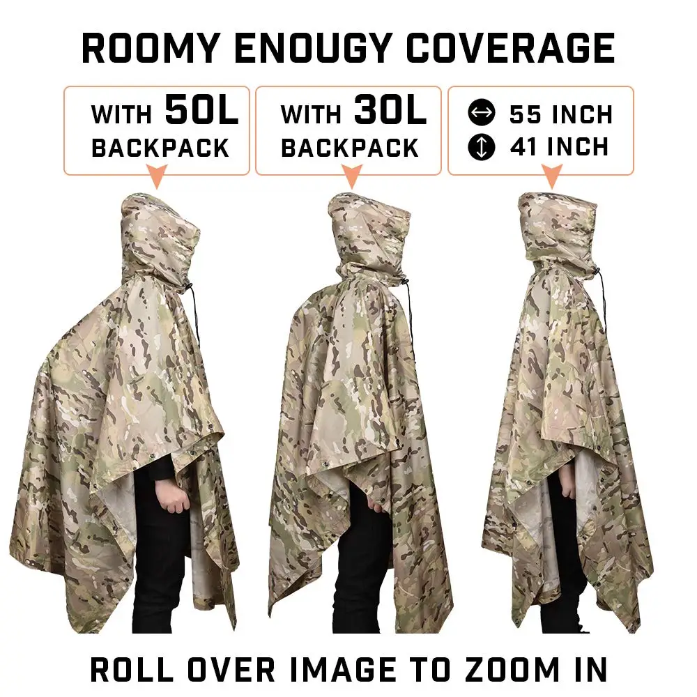 ATFG Camouflage Tactical Poncho Raincoat Tour Portable Waterproof Military Rain Protection Foldable Rain Coat Trip with Storage