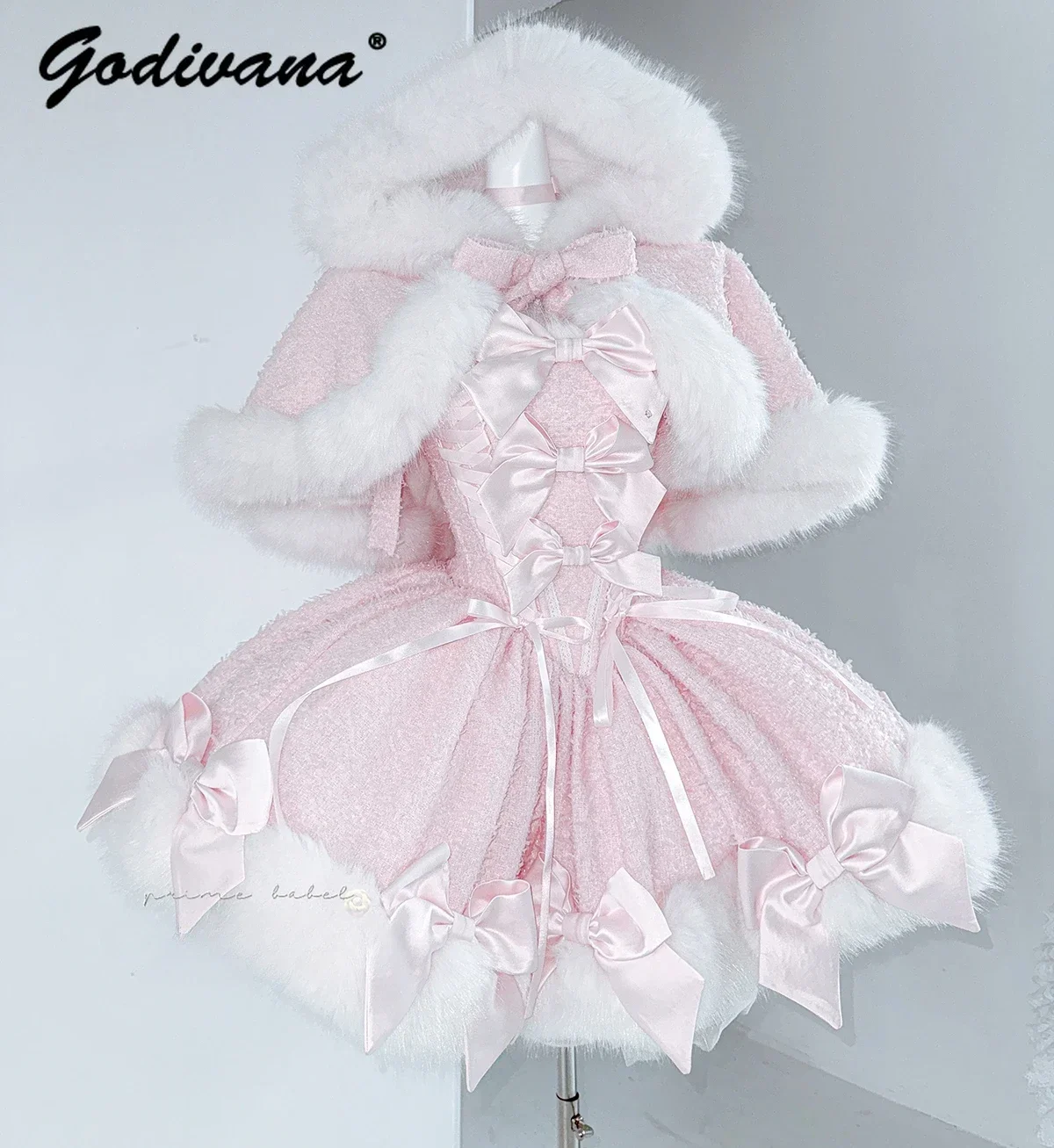 New Winter Glitter Sequined Tweed Tube Top Dress Hooded Fur Cape Jacket Girl Women's Cute Bow New Year Furry Cloak Dress Set