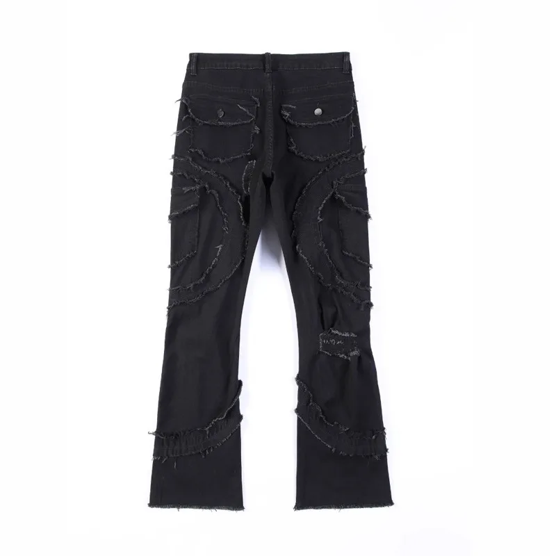 HKSH Spring Autumn New Men Tide Punk Ripped Flare Fringe Stretch Jeans Vintage High Street Denim Pants Patchwork Chic Ins HK9614