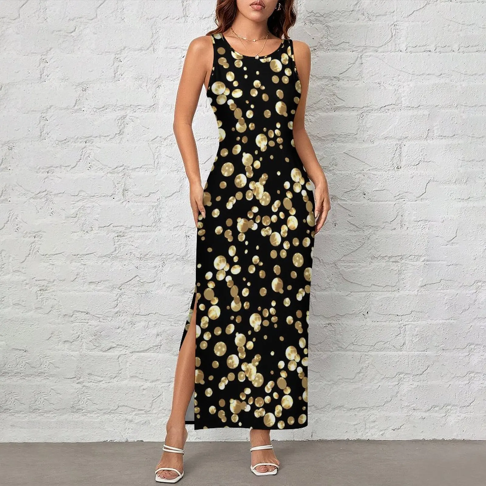 Gold Dot Dress Sleeveless Retro Print Korean Fashion Maxi Dresses Cute Bodycon Dress Female Custom DIY Oversized Vestido