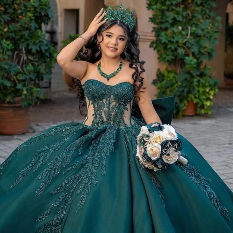 

Dark Green Quinceanera Dress off-shoulder crystal glitter Decal Long tail layering Bow Vestidos De 15 Quinceanera ﻿Customize
