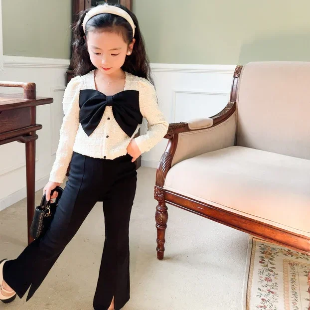 Spring Autumn Elegant Girl 2pieces Suits Children Clothes 4-14age 2025 Girls Fashion Clothing Set Big Bow Tops Shirts+Pants,Kids