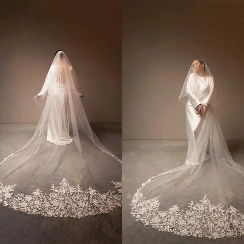 

Модная свадебная фата с цветочным кружевным краем, 3 метра, фата белого цвета слоновой кости с расческой, румяна, аксессуары для головного убора невесты