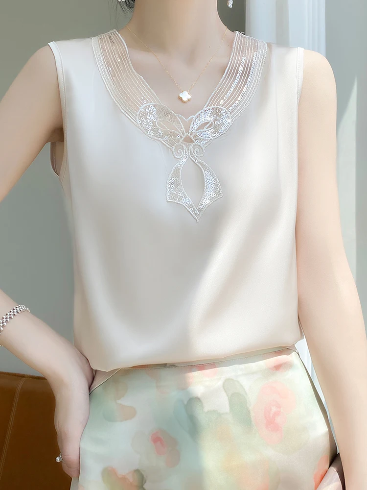 Artificial Silk Satin Lace Tank Top Thin Smooth Summer Women Bow-tie Lace Camis Silky Feel Cool Sleeveless T-shir CN Size 12426t