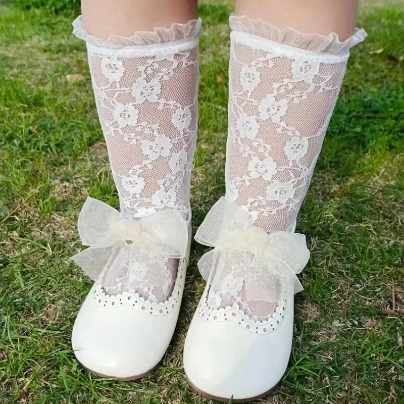 Summer Thin Princess Girls Socks Kids Solid Clor Soft Lace Hollowed-out Socks Baby Newborn Mesh Mosquito Resistant Stockings