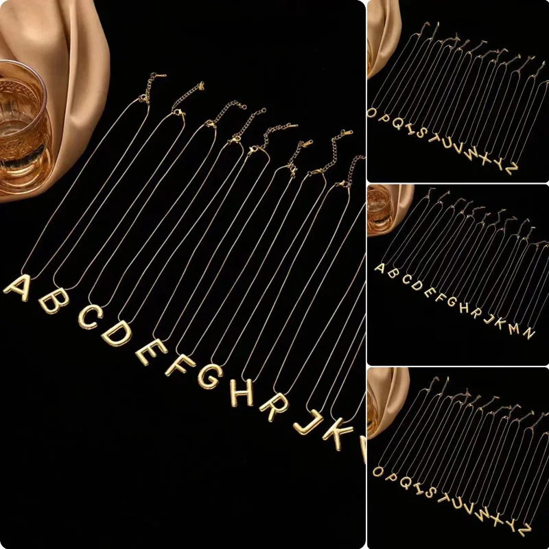 Stainless Steel Chain Gold Color Letter Necklaces Chunky Alphabet Balloon Bubble Initial Pendant Necklace for Women Men Jewelry