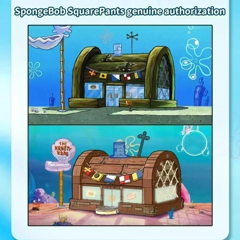 Bob Esponja SquarePants bloques de construcción dibujos animados Krabby Patty restaurante modelo rompecabezas ornamento juguete con caja de