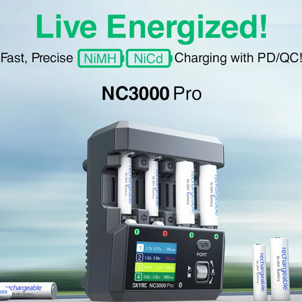 

NEW SKYRC NC3000 Pro NiMH NiCd Battery Charger PD/QC AA/AAA Smart Battery Charger 4-slot LED Screen APP Control Charger Discharg